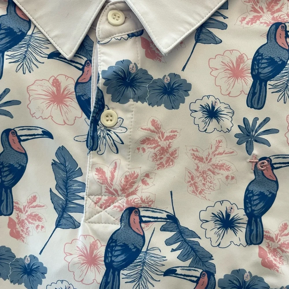 Tipsy Elves Toucan Tango Performance Polo Shirt Men's 2XL Hawaiian Short Sleeve‎